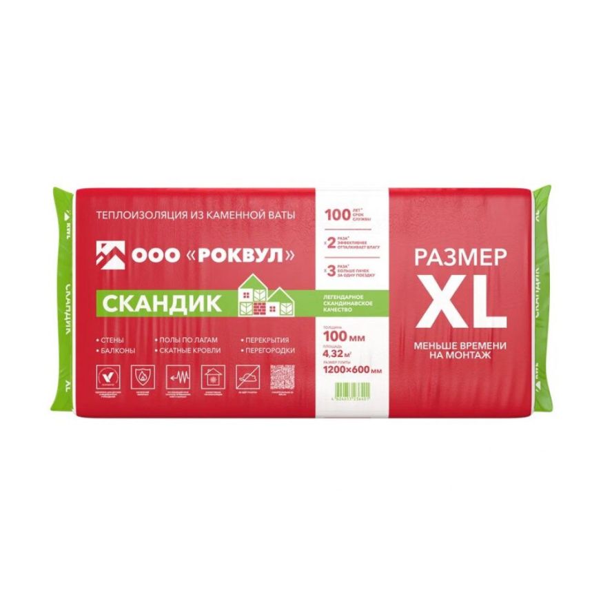 Утеплитель Роквул Скандик XL 100мм, 6 плит, 4.32м2, 600х1200мм, 0.432м3 Rockwool купить в Краснодаре